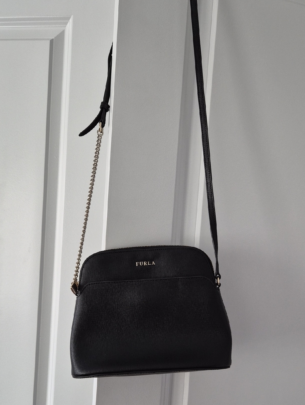 Furla Black Leather Crossbody with Chain Strap